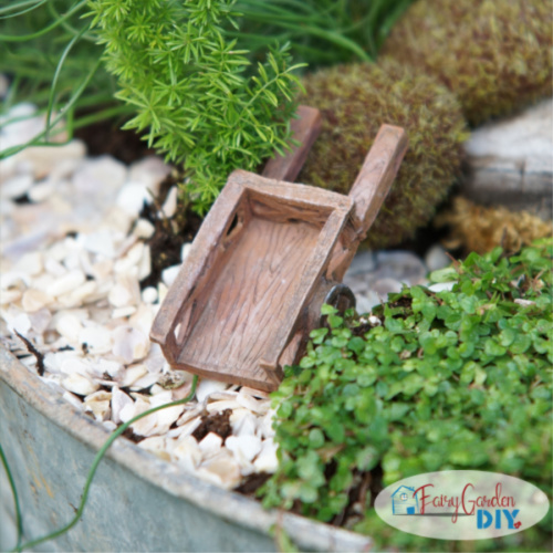 wheelbarrow in washtub fairy garden