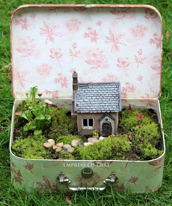 fairy garden planter idea: old suitcase