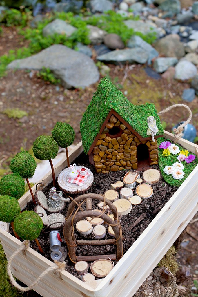 wooden crate as fairy garden container