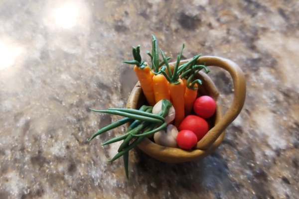 basket of polymer clay veggies for fairy garden