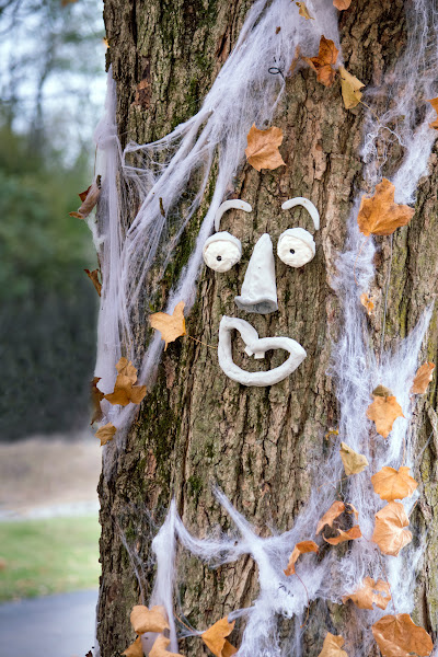 faux spider web as halloween fairy garden decor