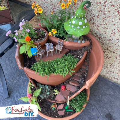 broken pot fairy garden