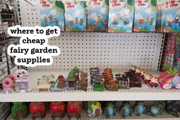 fairy garden supplies on a shelf