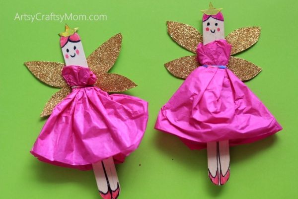 craft stick fairies with tissue paper dresses