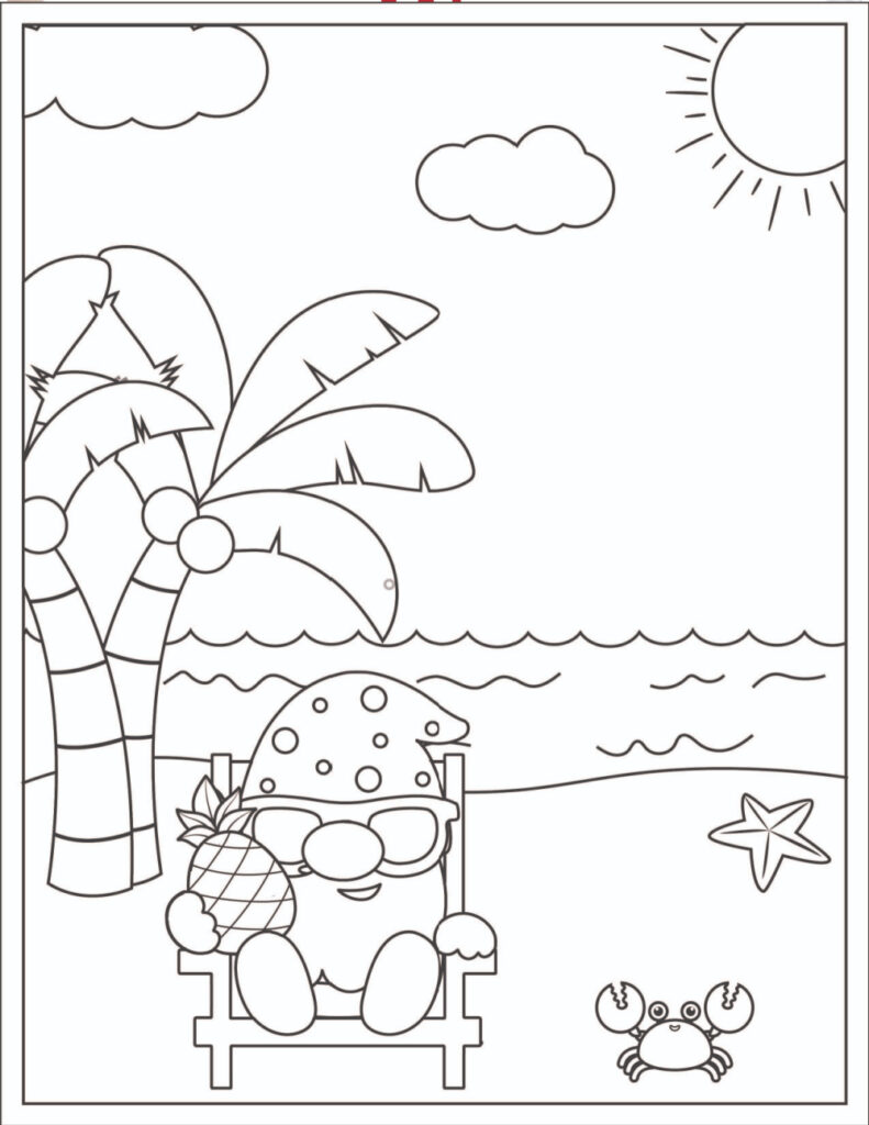 gnome on the beach with a pineapple printable coloring sheet