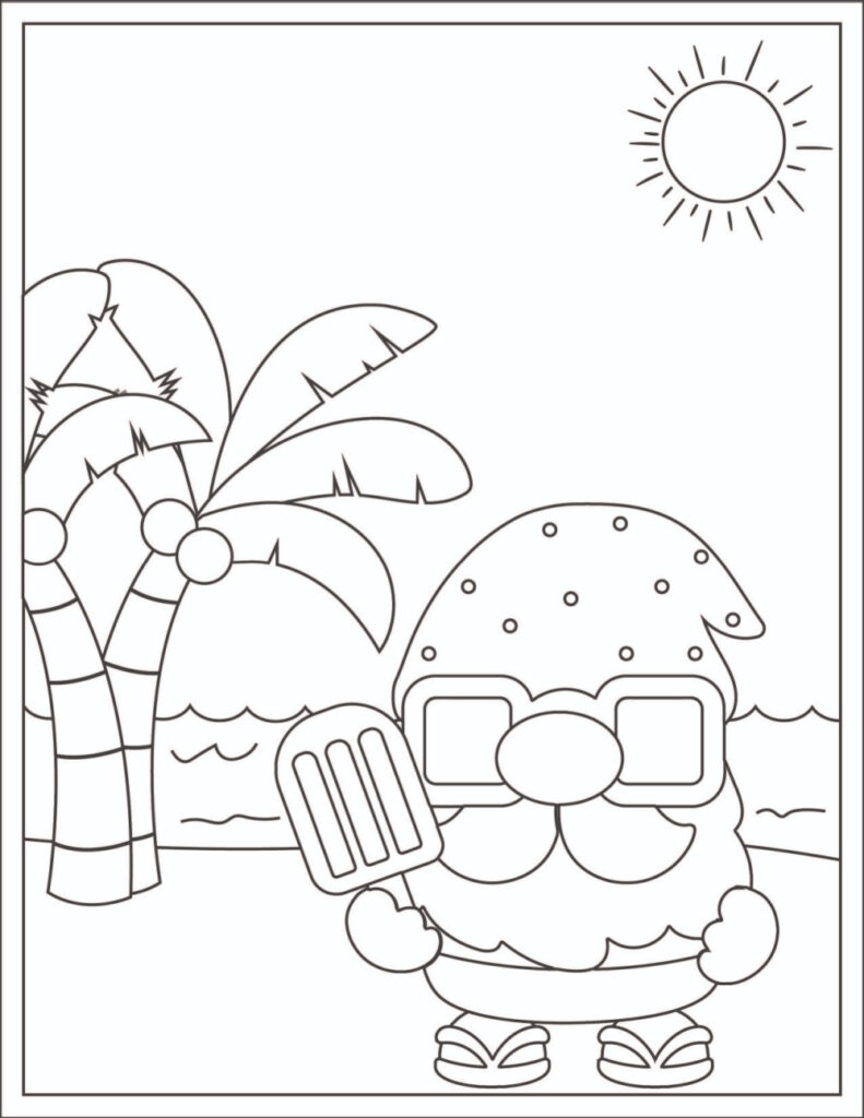 gnome eating a popsicle on the beach coloring sheet