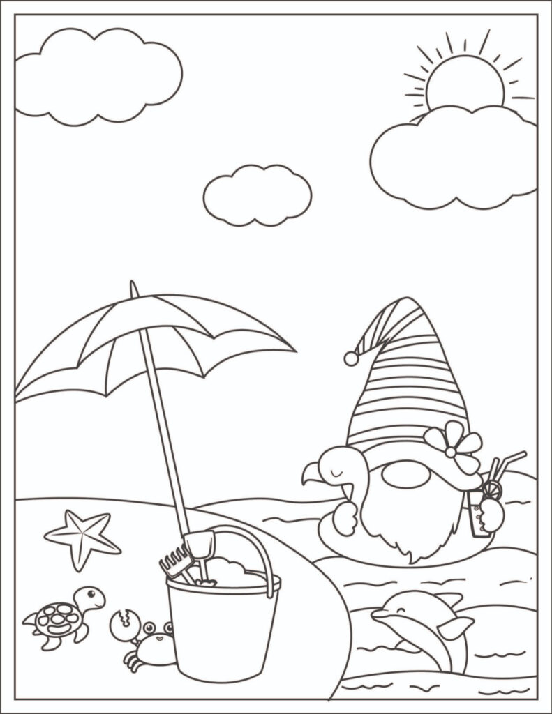 gnome with beach umbrella coloring sheet