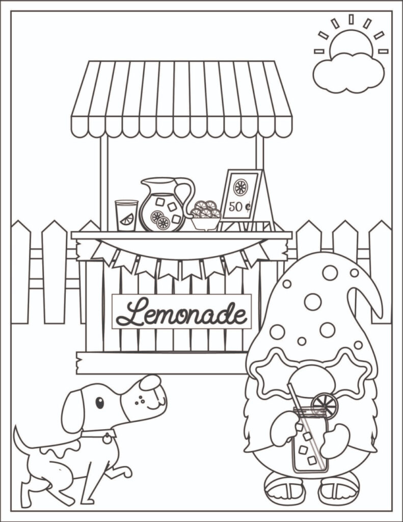 gnome coloring page - with lemonade stand