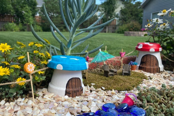 toadstool fairy houses made from clay pots in fairy garden