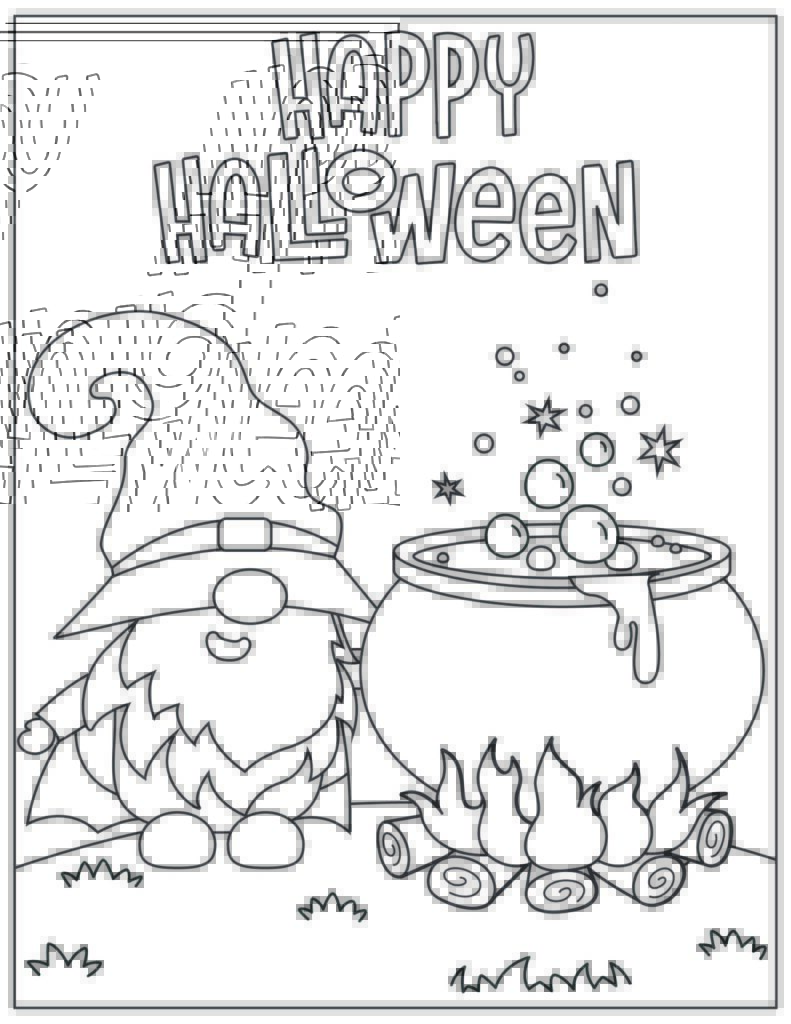 free Halloween themed gnome coloring sheet - gnome next to cauldron 