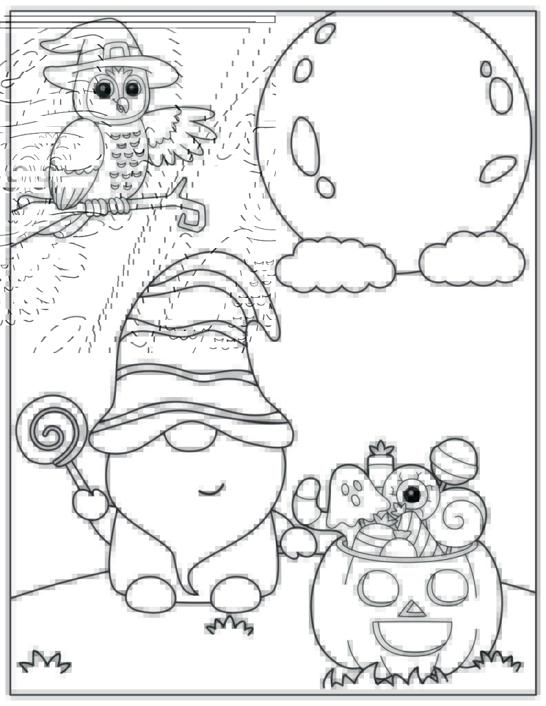 halloween gnome coloring page with owl