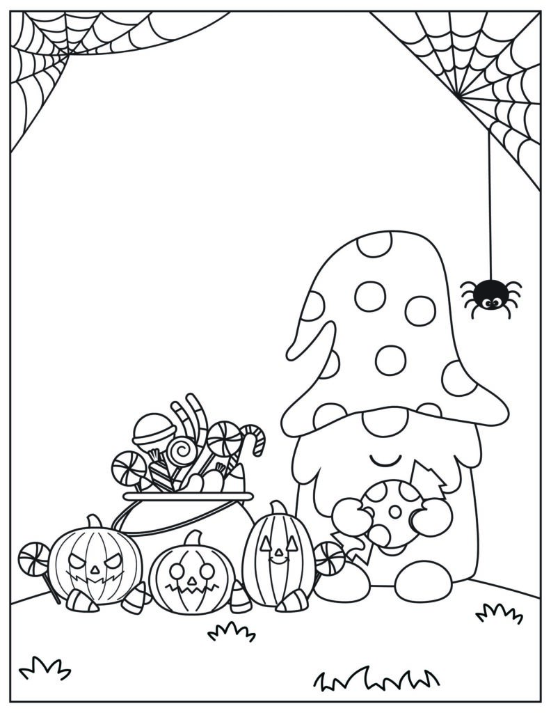 halloween gnome coloring page with spider and candy