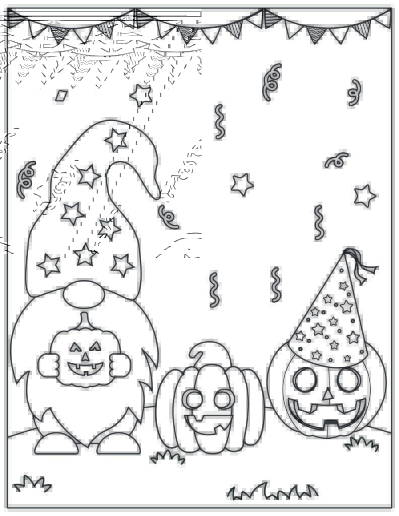 gnome and jack-o-lanterns free coloring page