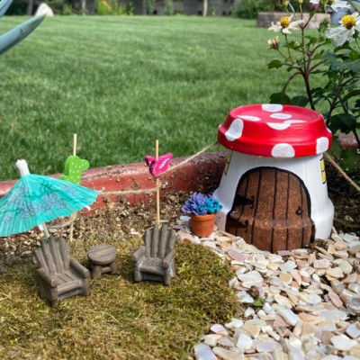 fairy garden with clay pot toadstool