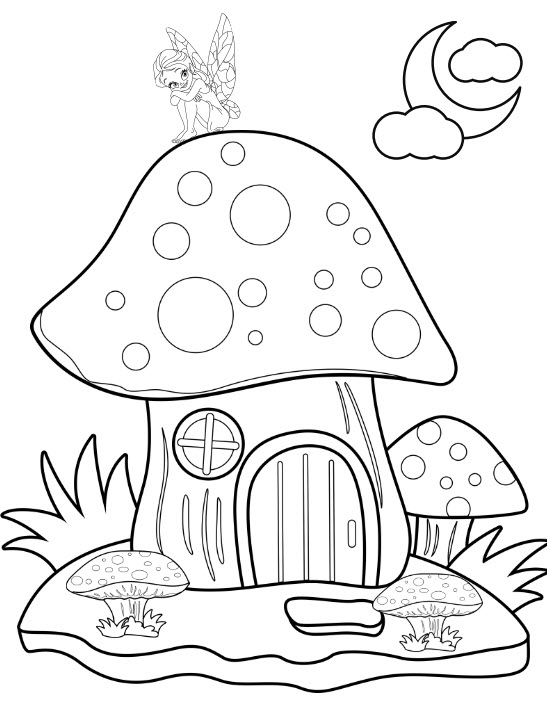 fairy house coloring page - cute mushroom