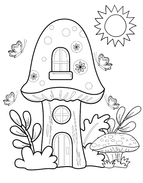 fairy garden coloring page 1 - cute mushroom fairy house