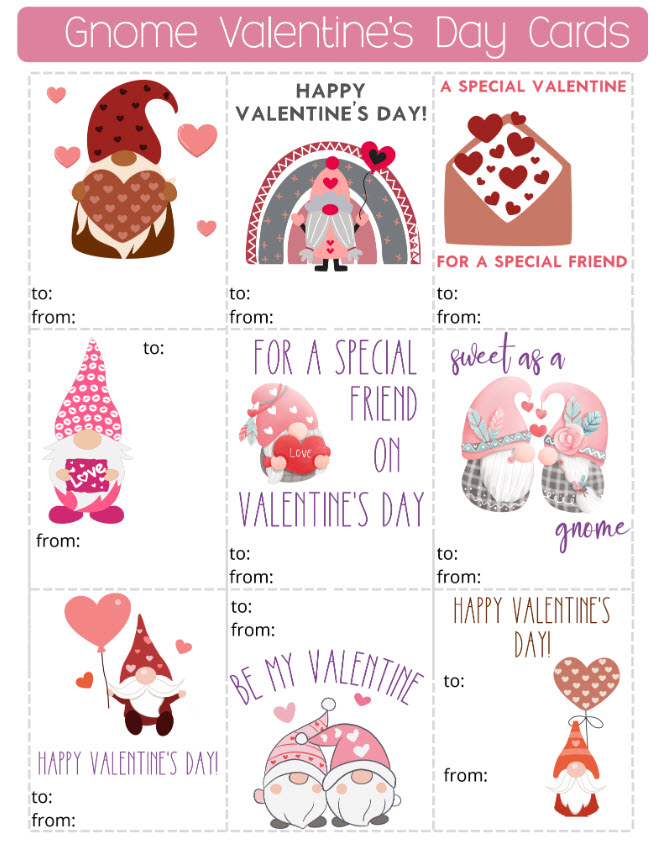 free printable gnome themed valentines day cards